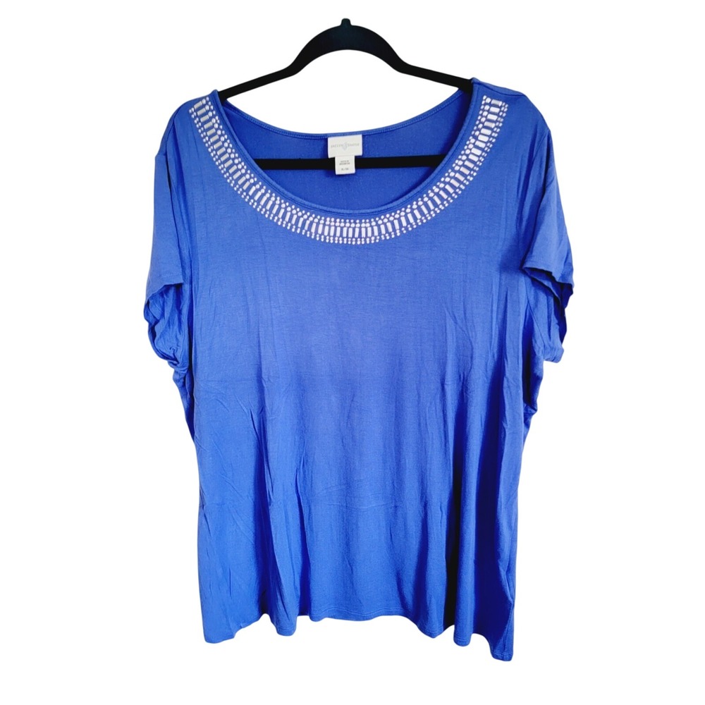 Jaclyn Smith Womens XL Blue Embellished Scoop Neck Short Sleeve Knit Top - Picture 4 of 10